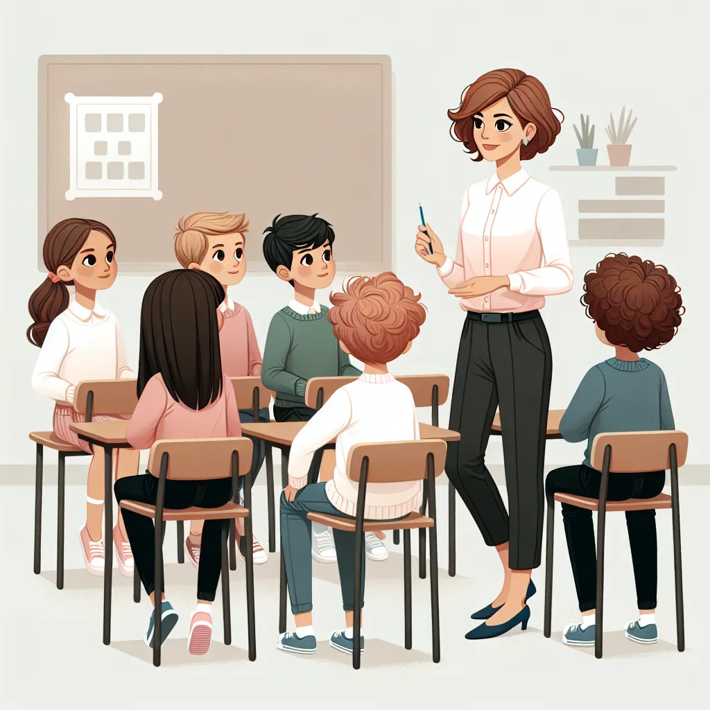 An image that could accompany this story could be a classroom scene with a diverse group of young students sitting at their desks, engaging with their teacher. The teacher, Ms. Watson, could be depicted as a young woman with short, brown curls, wearing a light pink blouse, a white sweater, knee-length black pants, and navy blue flip-flops.