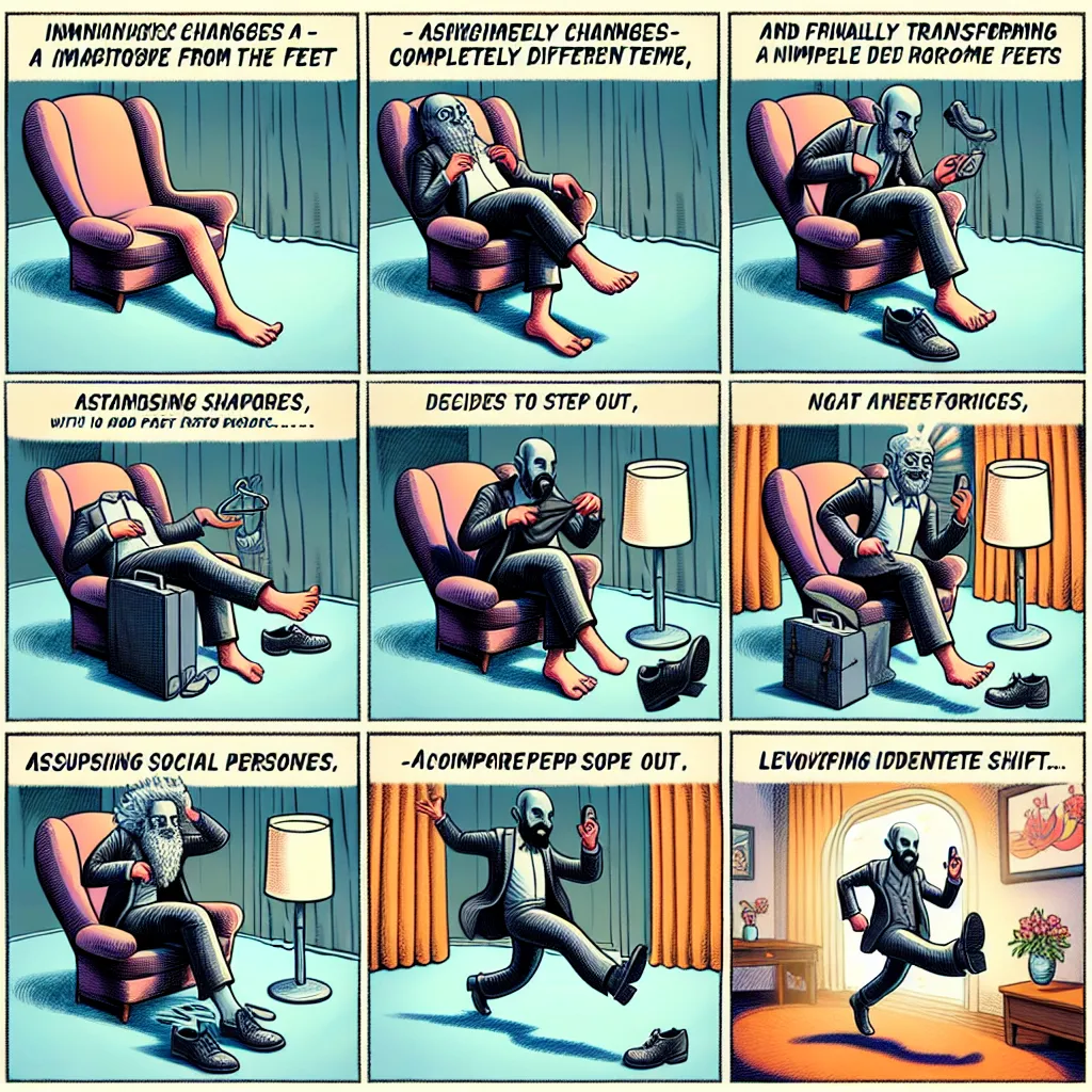 A detailed and transformative sequence where young Ethan accidentally turns into his friend's older sister, Brittany, while exploring her room. Ethan panics as his body changes into Brittany's, from his feet to his makeup and outfit, until he fully assumes her identity. In the end, Brittany, now fully embodied by Ethan, embraces her new appearance and heads out to meet friends for a night of clubbing, leaving Ethan's old self behind.