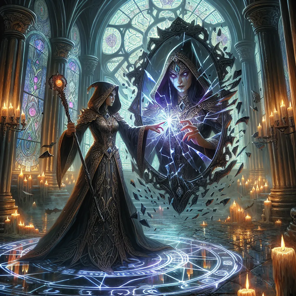 A magical academy teacher, Magik, shatters a dark, chaotic mirror revealing a sinister reflection of herself in a sanctuary filled with sigils and floating candles, setting off potential consequences at the Strange Academy in this gripping fantasy tale.