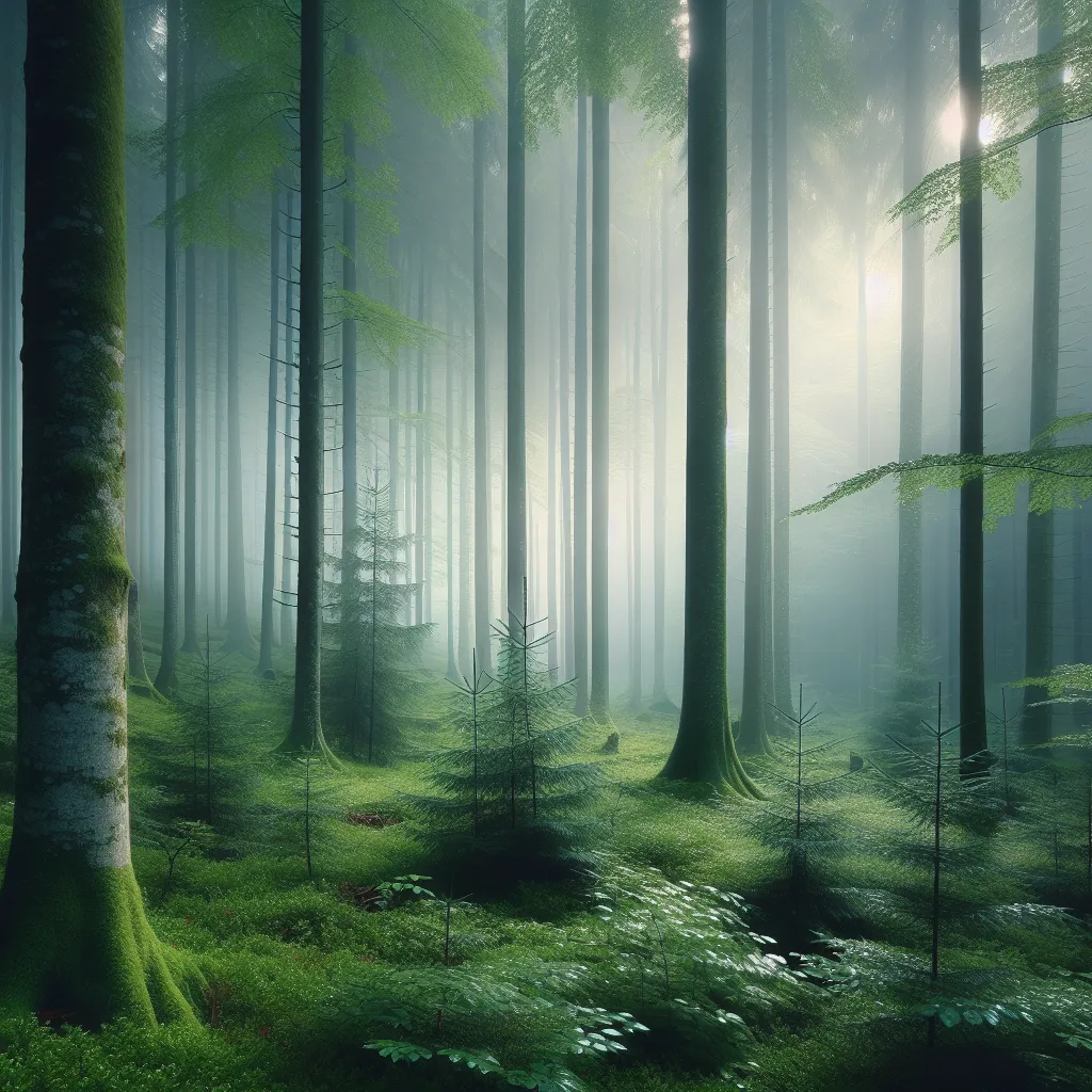 A serene, misty forest with tall trees standing amidst a light fog, creating an enchanting and mystical atmosphere.