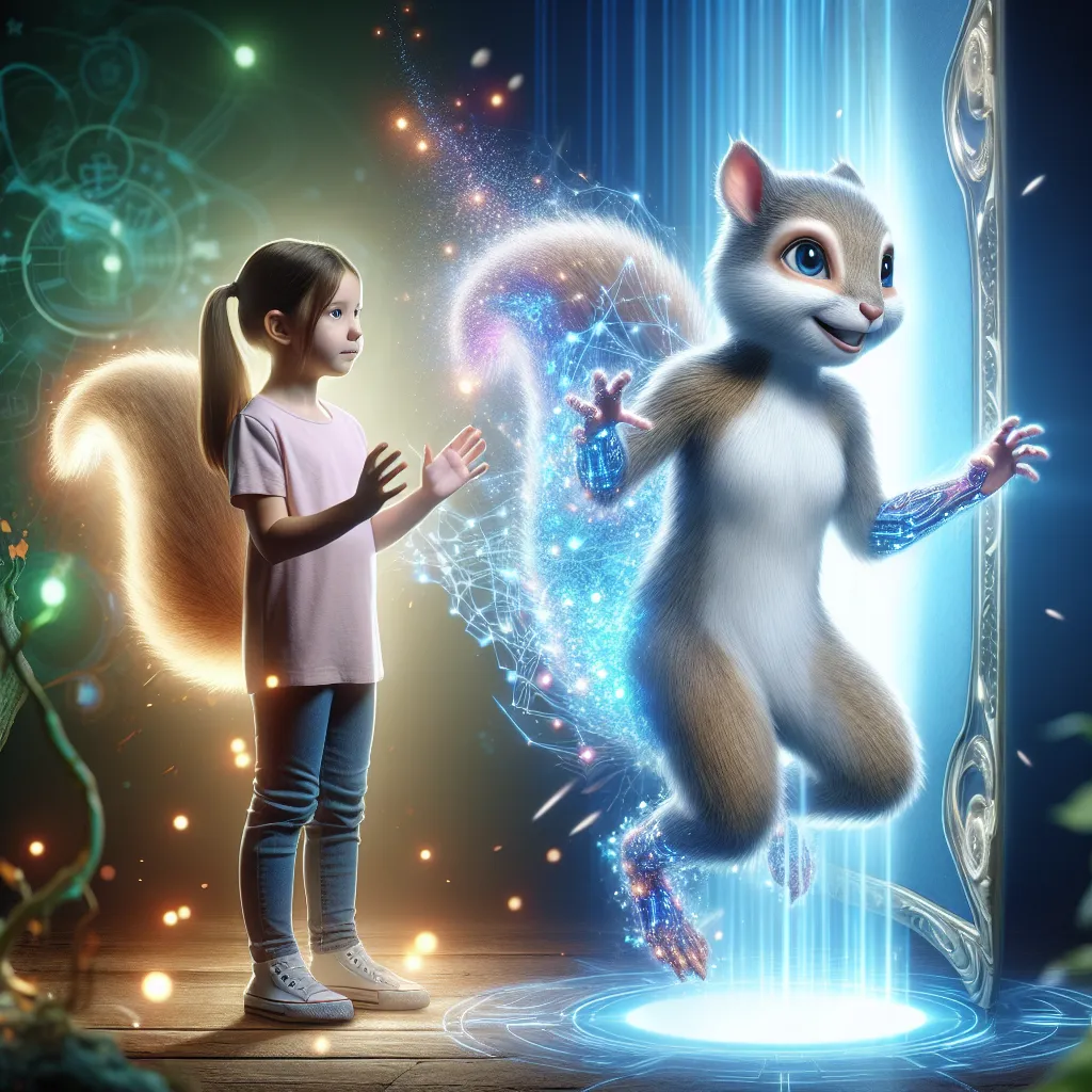 An image that accompanies this story could be a depiction of a young girl, Mia, transforming into her fursona, Kira, in a fantastical and ethereal manner. The image captures the moment of transformation, with Mia's human form gradually morphing into that of an anthropomorphic squirrel. Rays of light and shimmering nanites surround Mia as her body undergoes the remarkable change. In the background, a mirror reflects the reflection of Kira, exuding joy and satisfaction. The image conveys the sense