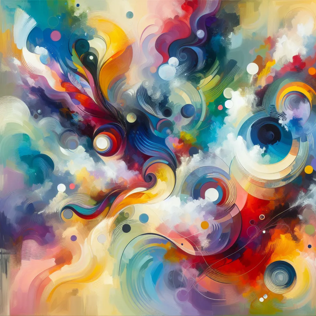 A colorful abstract painting depicting a mix of vibrant brushstrokes and intriguing shapes on a canvas.