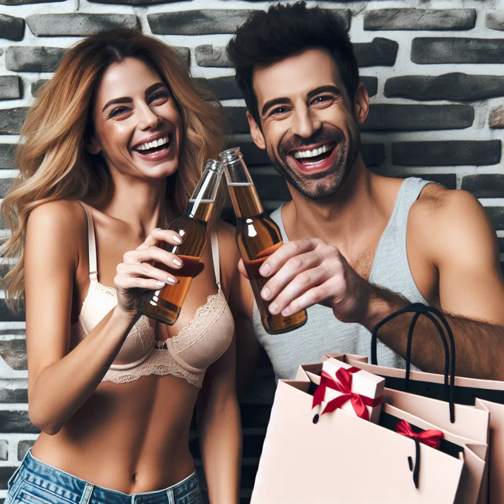 An image of two friends, one in a woman's body and the other in a man's body, laughing and clinking beer bottles together, surrounded by bras and shopping bags from Victoria's Secret.