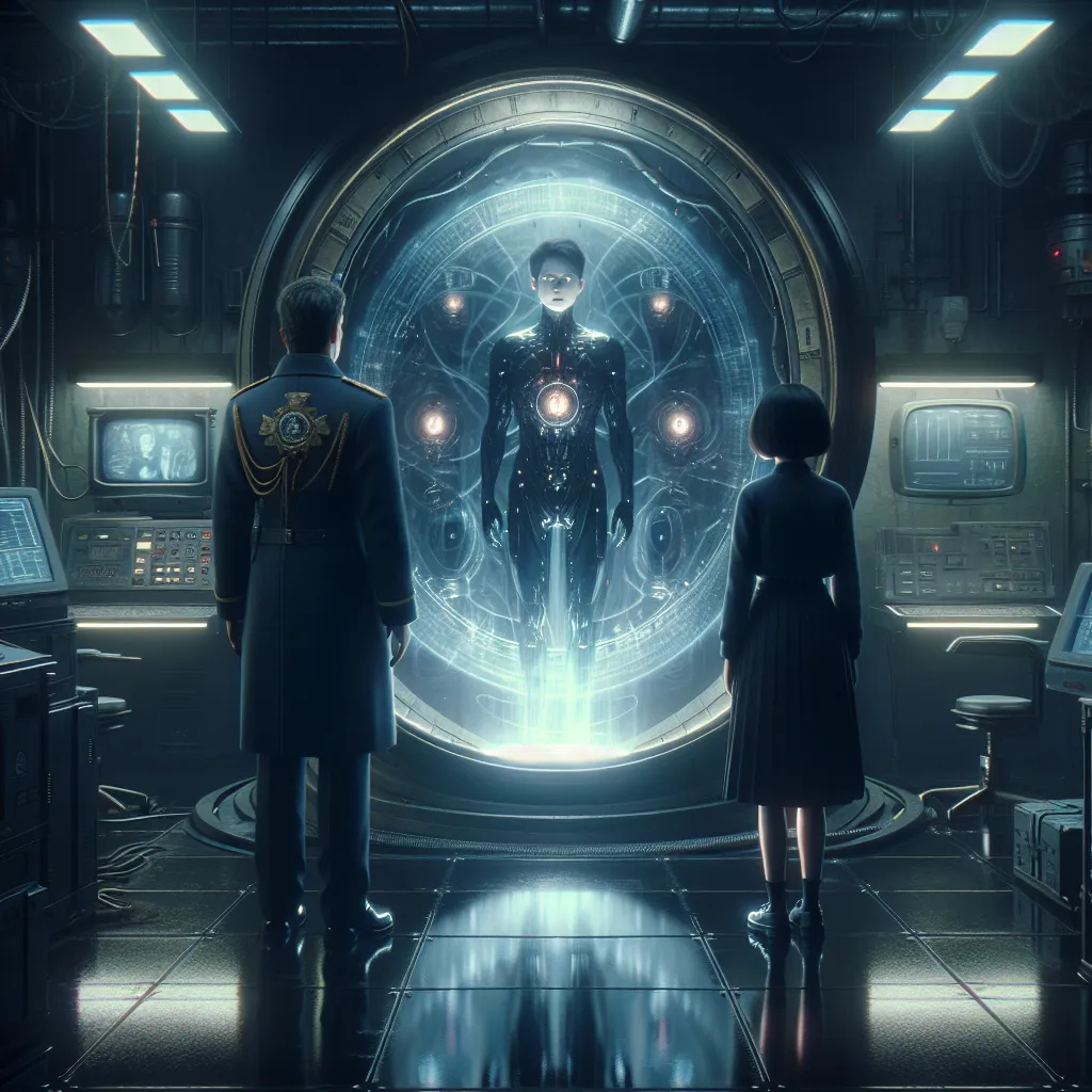 A haunting image depicting a body-swapping device in a laboratory, with Air Chief Marshal Trevor Maloney and Miyafuji Yoshika standing opposite each other, their reflections merging in a darkened mirror as the device initiates, hinting at the horror and consequences of their unexpected transformation.