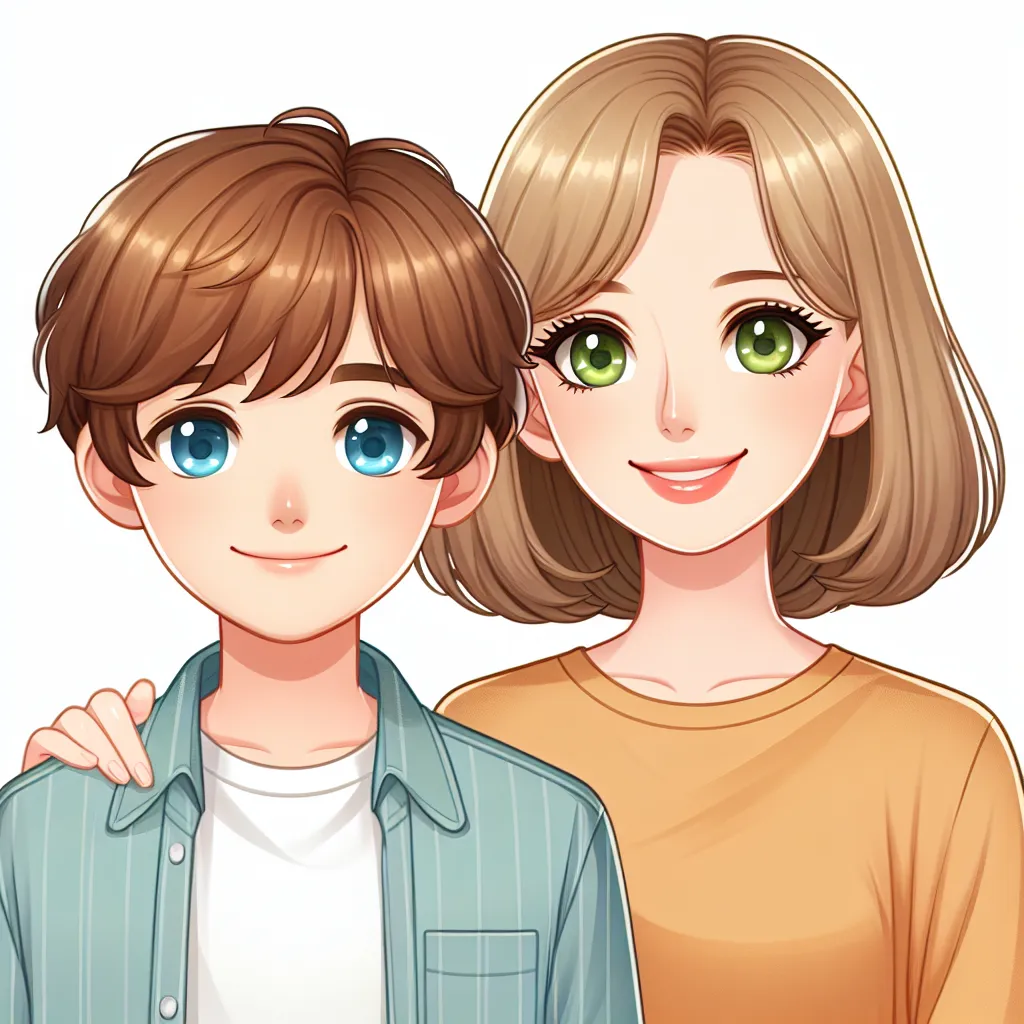 An image of a young boy, Jacob, and his mother, Emily, standing together. Jacob has short, light brown hair and blue eyes, while Emily has shoulder-length blonde hair and green eyes. They are both smiling and dressed casually.