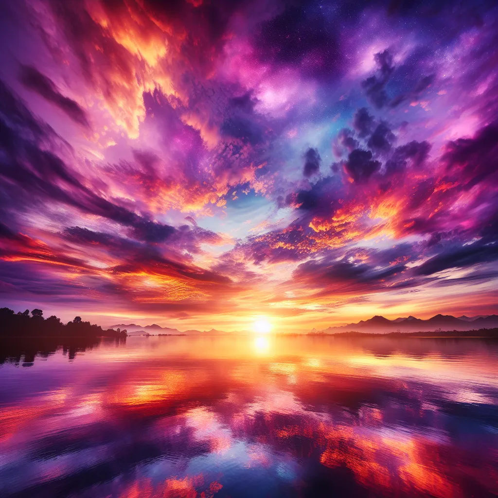 Image description: A beautiful sunset over a serene lake, with colorful orange, pink, and purple hues reflecting on the calm water.