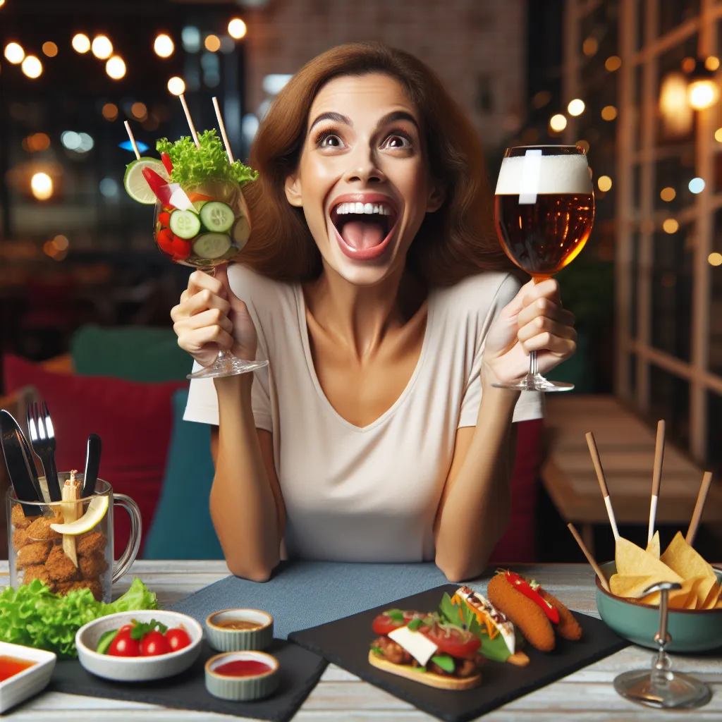 A woman named Katherine excitedly anticipates her evening at a restaurant, reflecting on the delicious food and drinks she looks forward to enjoying.