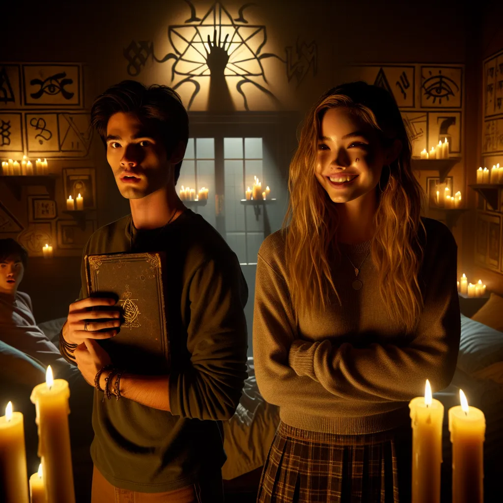 Description: A dimly lit dormitory room filled with flickering candlelight and eerie shadows. Emily and Jake, two college students, stand on opposite sides of the room. Emily holds an ancient book and wears a sinister smirk, while Jake wears a look of concern and confusion. The room is surrounded by enchanted symbols and candles, creating an atmosphere of dark magic and impending doom.