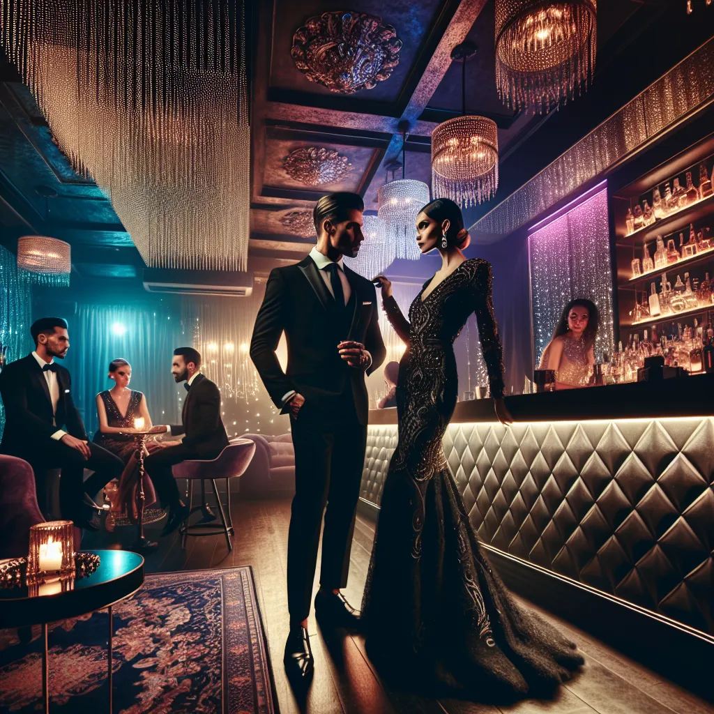An atmospheric scene in a luxurious nightclub as a mysterious man captivates a powerful woman. The dimly lit ambiance and electric energy of the encounter are palpable, as the tension between them crackles with unspoken desire.