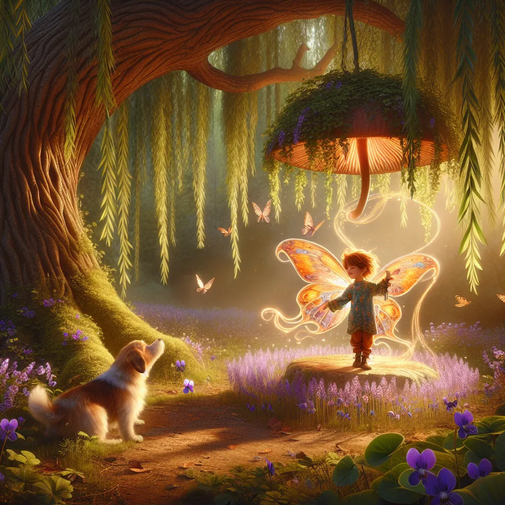A whimsical scene of a small boy with autumn-colored hair and violet petal clothes, fluttering delicate iridescent wings inside a glowing toadstool ring beneath a willow tree, surrounded by wild violet flowers and his playful dog nearby, bathed in warm golden afternoon light.