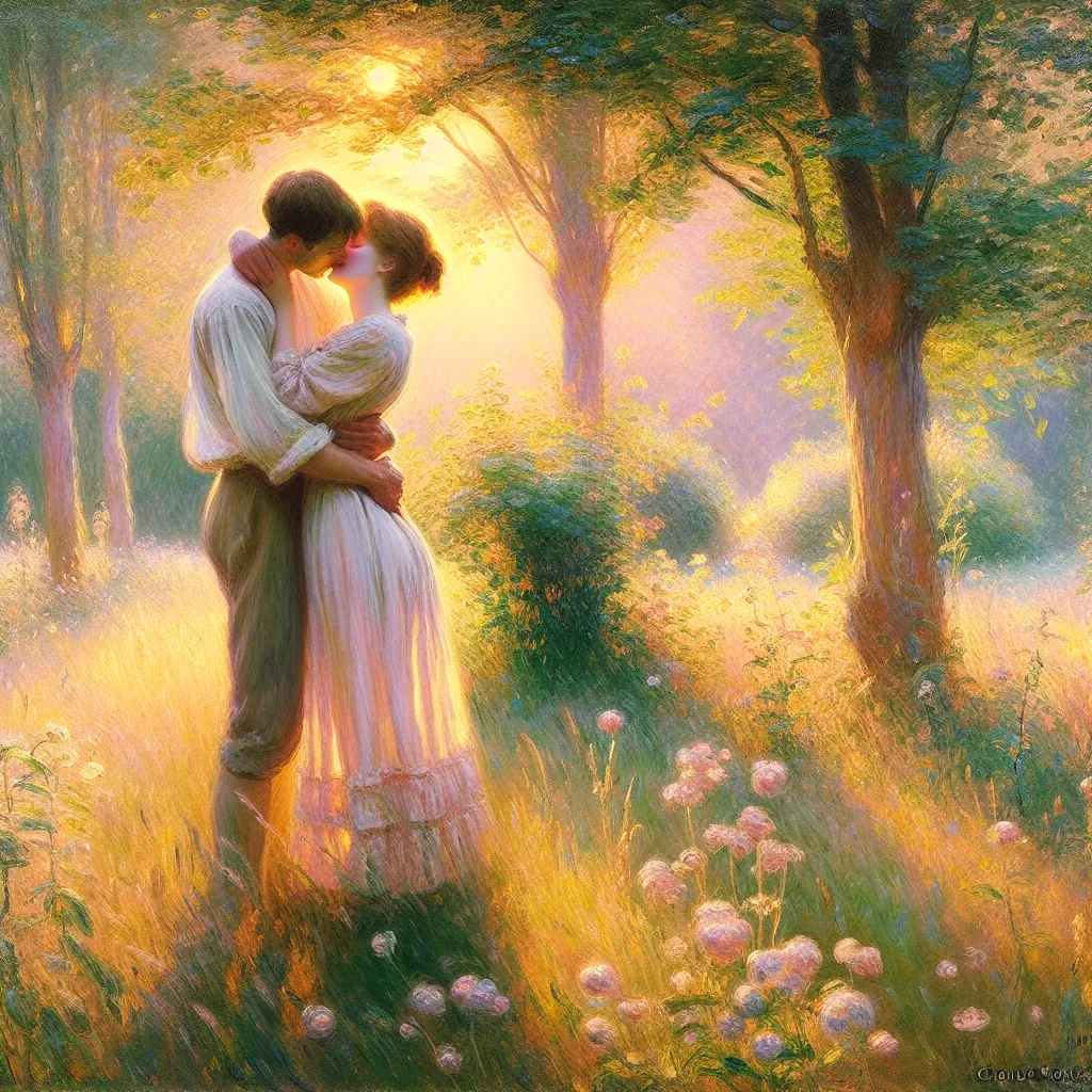 Embrace, Touch, Sensation, Intimacy, Longing in the style of Monet