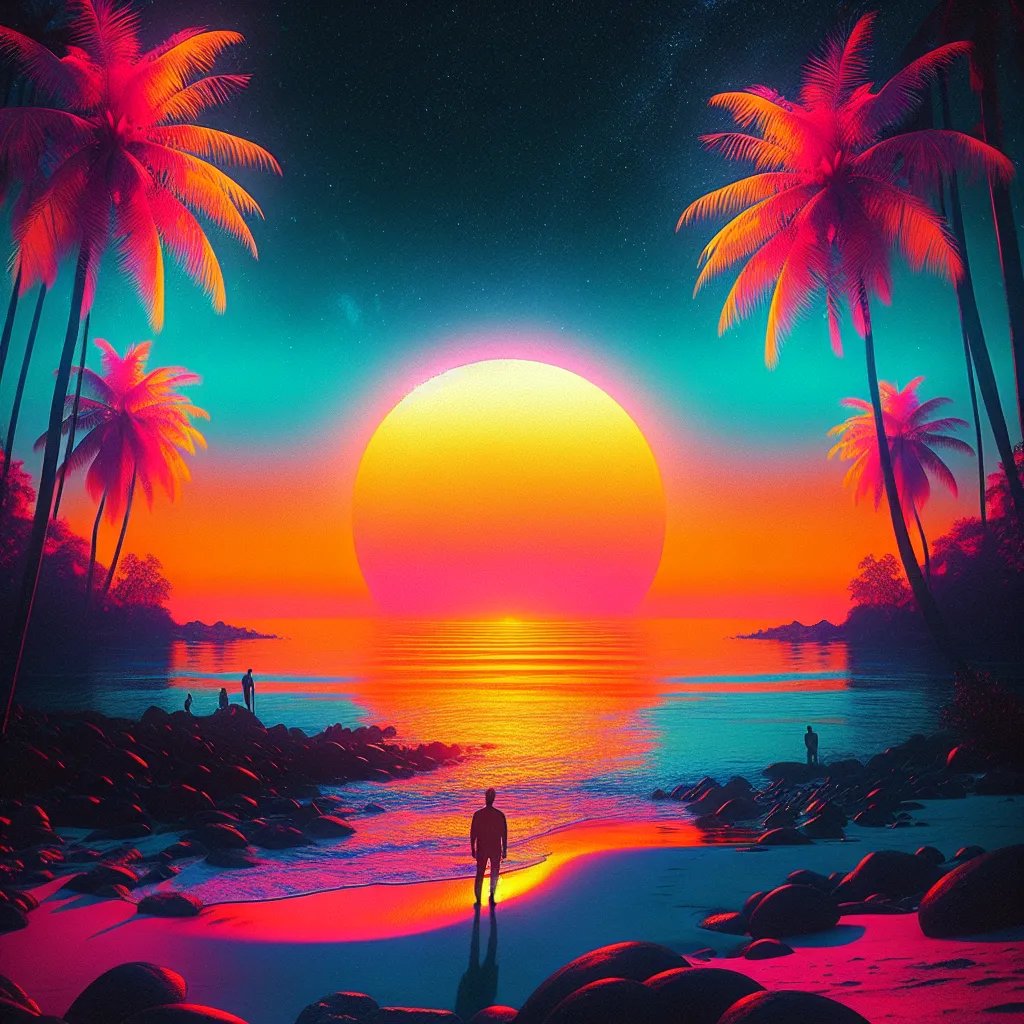 Description: A surreal depiction of a vibrant sunset over a tranquil ocean with silhouettes of palm trees and a person standing on a rocky beach, gazing into the horizon.