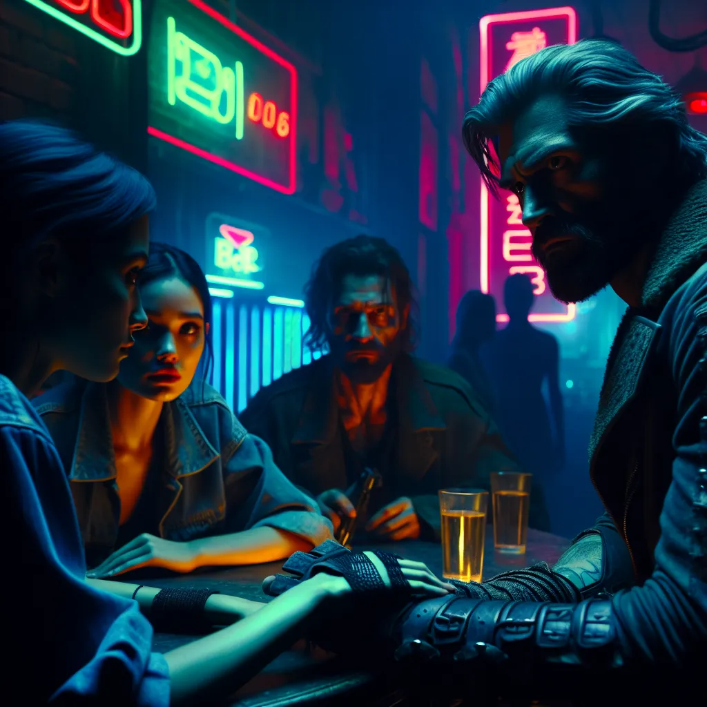 In the shadowed depths of Madripoor, a neon-lit bar serves as the backdrop for a secretive meeting between two women and a mysterious figure, Wolverine. Tension hangs heavy in the air as they seek refuge from a dangerous pursuer.