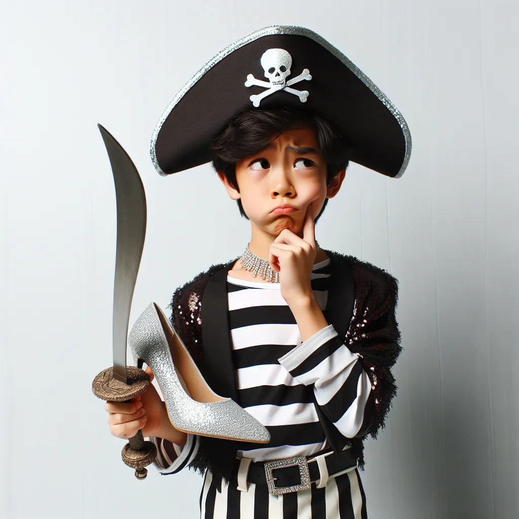 An image of a young person dressed as a pirate, holding a sword, discovering a pair of silver high heels and expressing surprise and confusion.