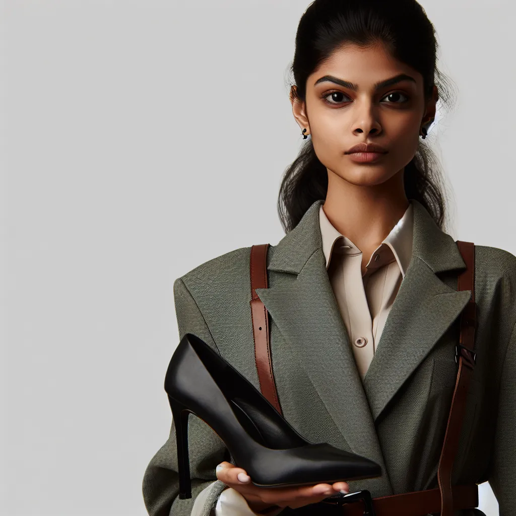 An image of a young woman, dressed in a stylish outfit, stands confidently in a pair of elegant black high-heeled shoes. She looks determined and poised, ready to take on the challenges of her professional life.