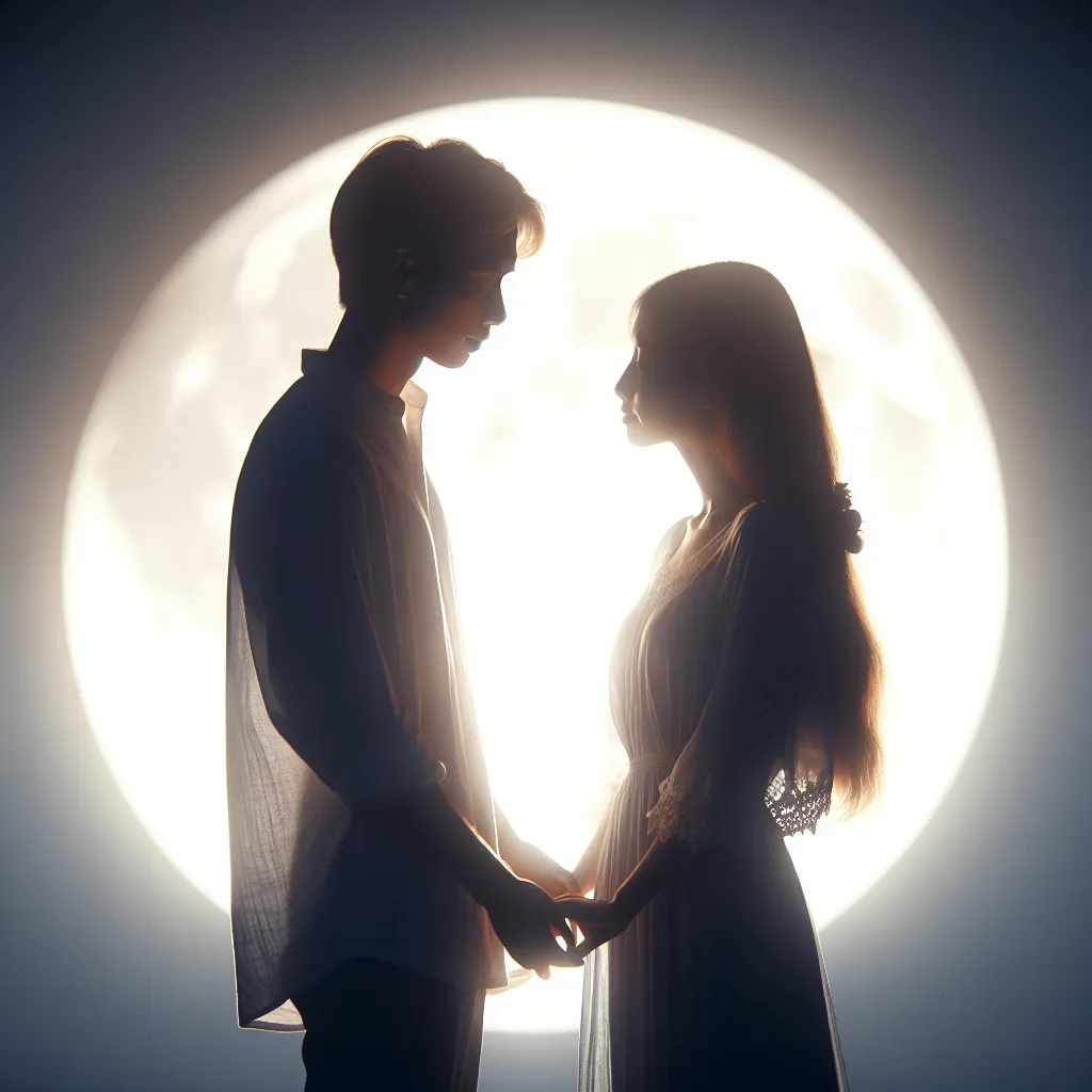 A serene moonlit scene with a couple standing closely together, surrounded by a soft glow. Their hands are clasped, and their faces are turned towards each other, their love evident in their eyes. The image captures the essence of romantic poetry and the deep connection between two souls in love.