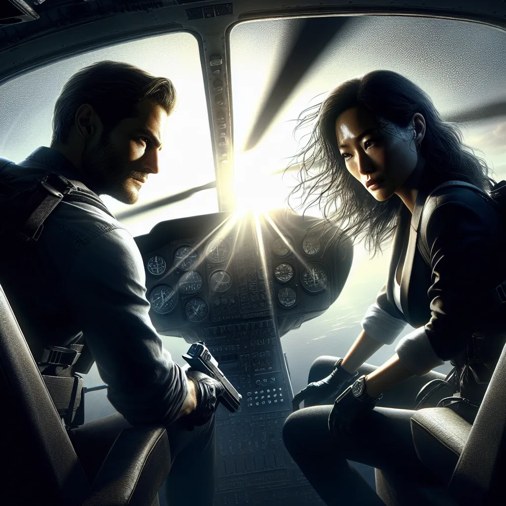 A tense, thrilling scene unfolds as Lee and Elle evade their pursuers and board a helicopter, only for Lee to suspect Elle's ulterior motives. The sunlight glares through the cockpit as they take off, with Lee's heightened senses revealing a potential betrayal looming in the horizon.