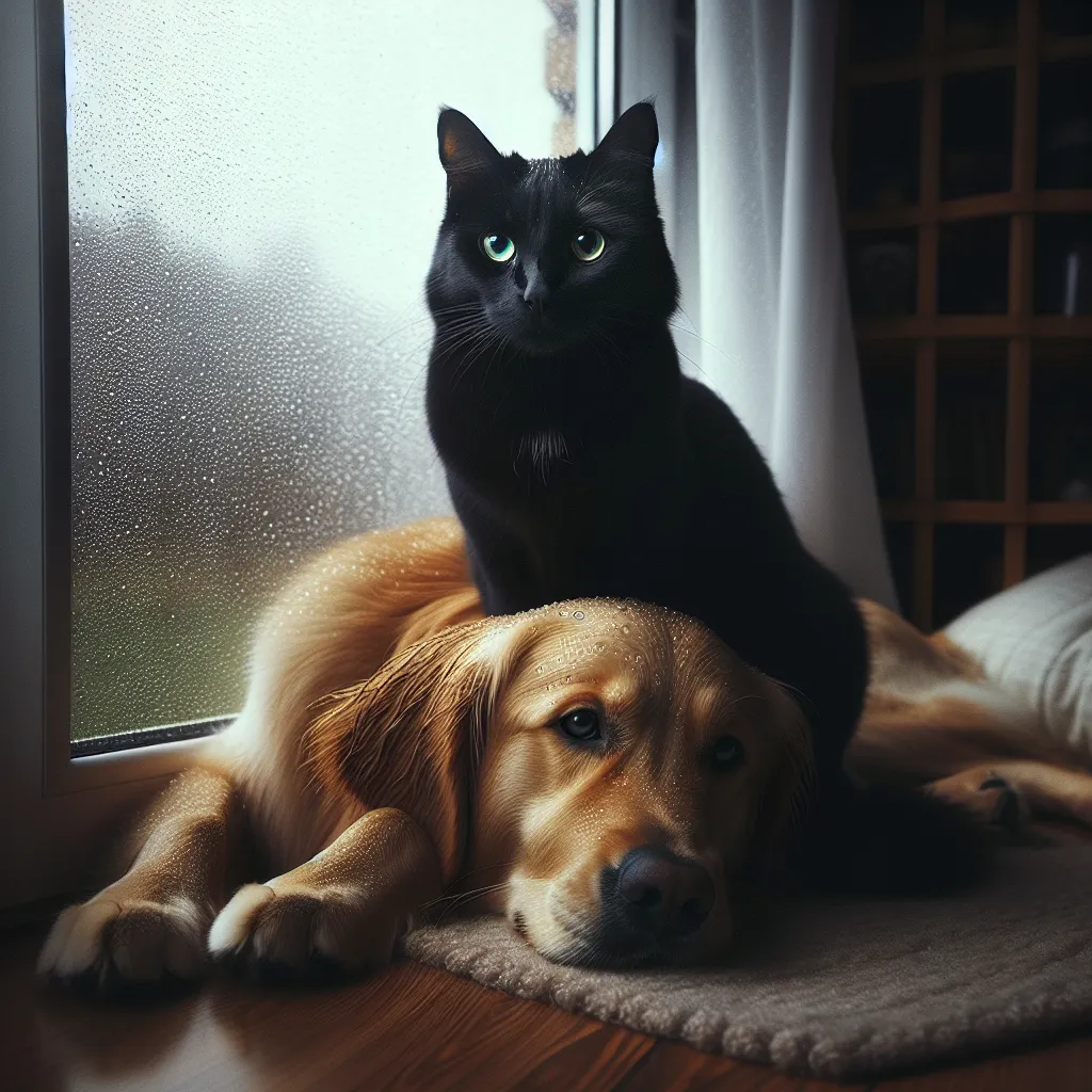 A sleek black cat named Luna and a large golden retriever named Max find unexpected comfort and companionship on a rainy afternoon. Luna perches on a window sill, her emerald eyes glistening with the faint light. Max, sprawled out on the floor, exudes a lazy contentment. In the absence of their human companions, the two animals share a rare moment of understanding, as Luna settles beside Max, filling the room with her soothing purr. The image captures the blurred line between cat and dog, the bo