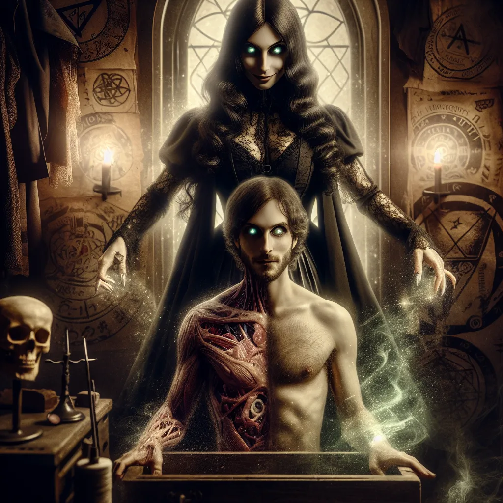 A chilling image of a dark-haired woman, Amanda, standing beside Jake, who has transformed into a woman named Jessica. The room is filled with occult objects, and an ethereal light illuminates ancient symbols hanging in the air. Amanda's eyes glow with power as she performs a ritual, causing Jake's transformation. The image captures the moment of Jake's pain and confusion as his body reshapes, and Amanda's sinister smile hints at her true intentions.