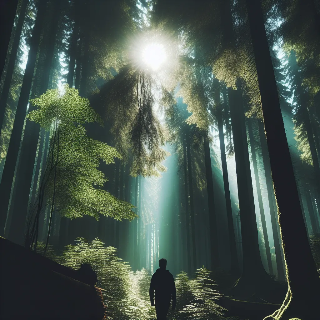 A silhouette of a lone traveler walking through a dense forest with beams of sunlight breaking through the canopy above.