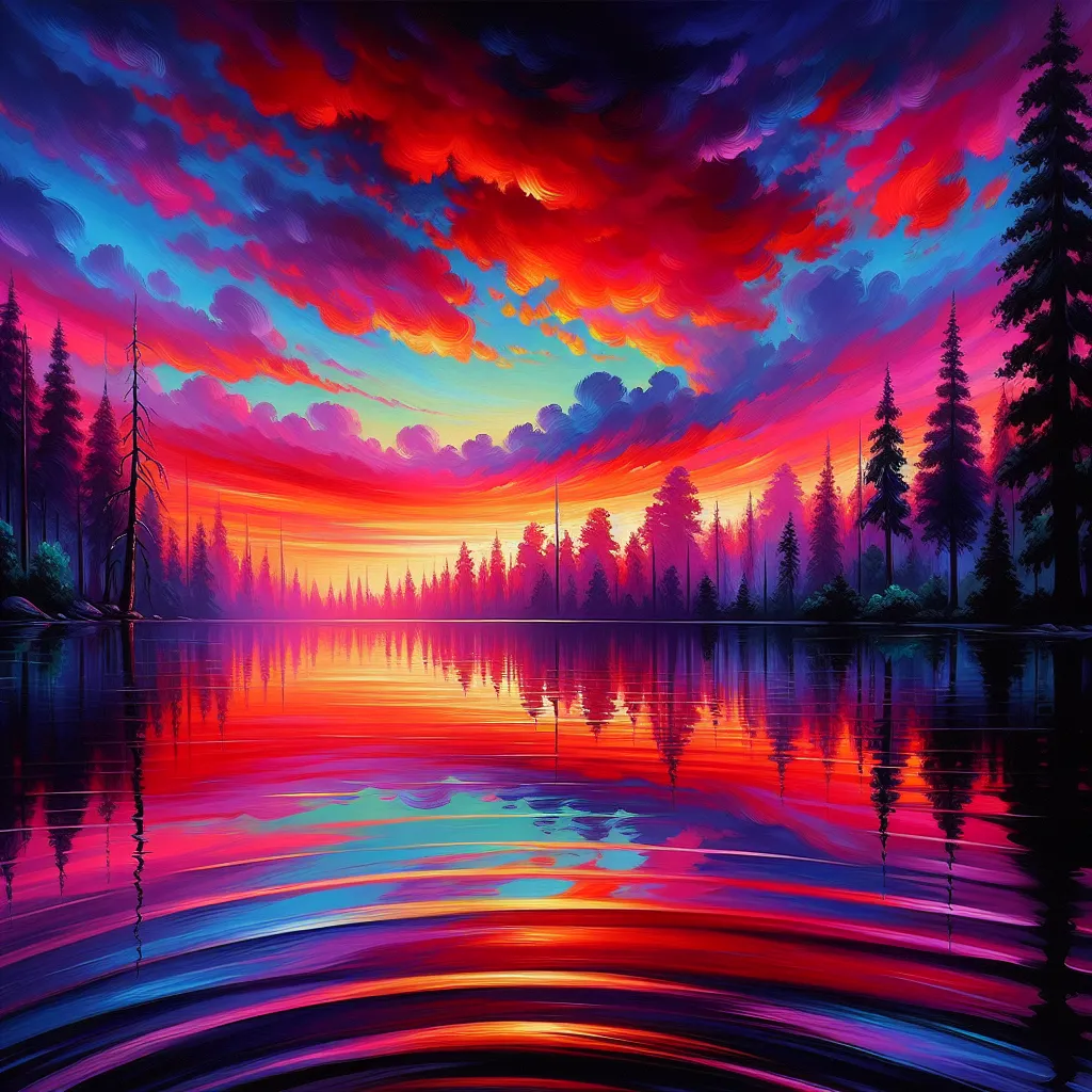 A vibrant sunset over a serene lake, with colorful reflections on the calm water and silhouettes of trees framing the scene.