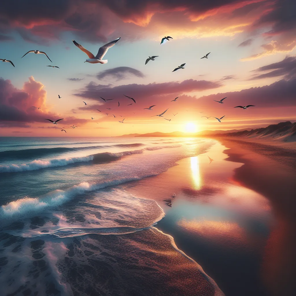 No problem! Here's a description for the image: "A serene sunset over a peaceful beach, with gentle waves crashing against the shore and seagulls soaring in the sky."