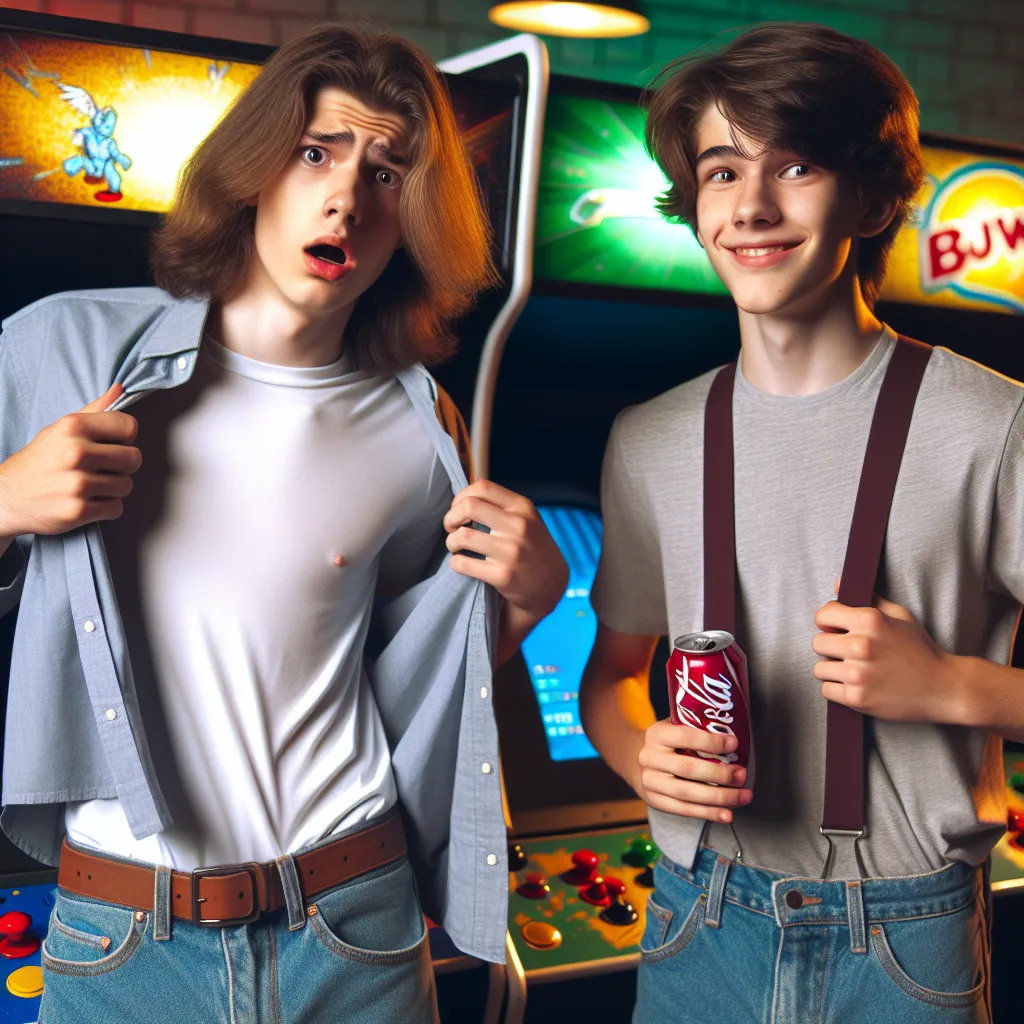 The image description for this story is two teenage boys, one with a shocked expression and the other with a mischievous grin, standing in front of an arcade machine. The boy with the shocked expression has long hair and is adjusting his mother's blouse, while the boy with the mischievous grin is holding a six-pack of beer.