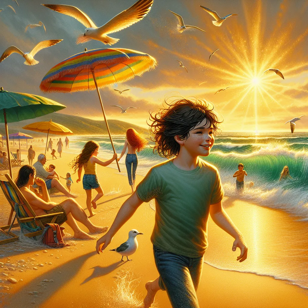 An image that accompanies the story could depict a serene beach scene at Crescent Cove, with the golden sun illuminating the powdery white sands and the crashing waves. Families with colorful parasols can be seen enjoying the beach, while seagulls flutter above. In the foreground, siblings Cecily and Ethan stand, with Cecily leading the way and her long auburn hair flowing. Ethan, with messy dark hair, follows closely behind.