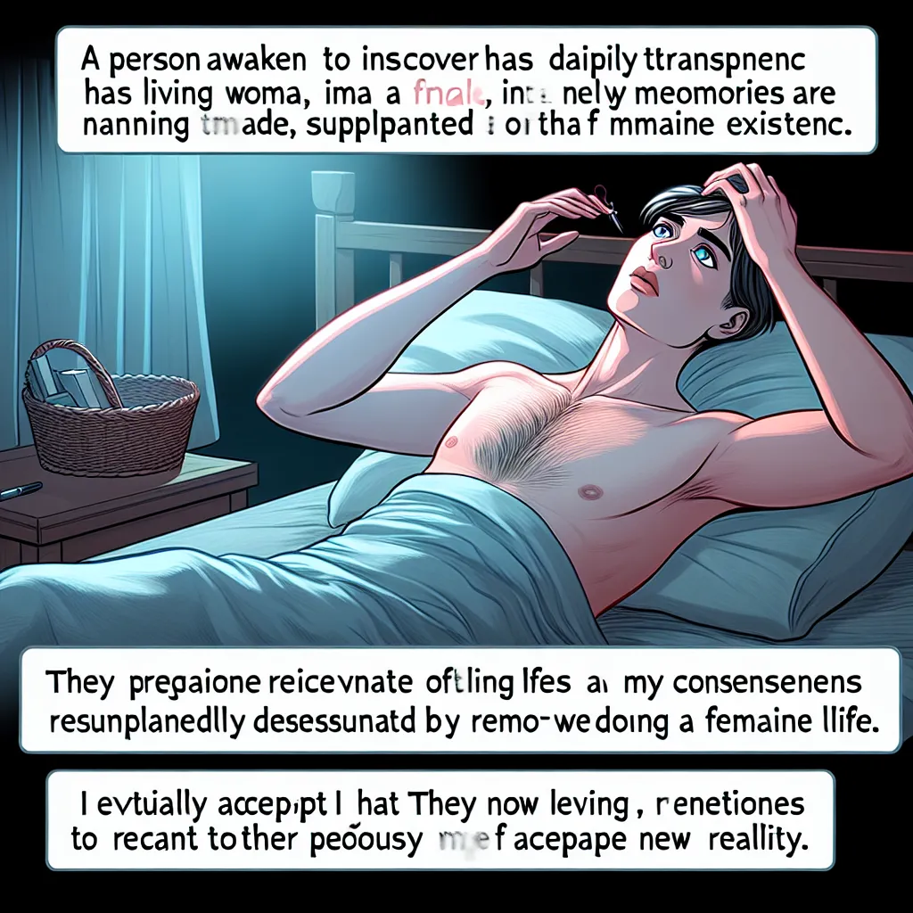 A person wakes up to find themselves transformed into a young woman. Their memories of being male are fading and being replaced by memories of a feminine existence. They struggle to resist the changes while a taunting voice in their mind encourages them to embrace their new reality. They come to accept that they are now Naruko, with no way to return to being Naruto.