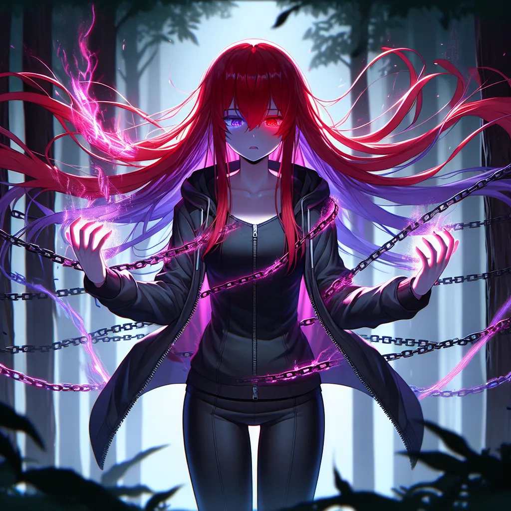 An image of a transformed Naruto, now Naruko, stands in the dark forest, haunted by their new reality. The image captures their intense confusion and vulnerability as they struggle to come to terms with their altered appearance and identity. The crimson cascade of Naruko's long, red hair frames her face, emphasizing her new femininity, while her violet eyes, mirroring those of her mother, reflect both strength and a haunting sadness. The image also portrays her summoning the Uzumaki chakra chain