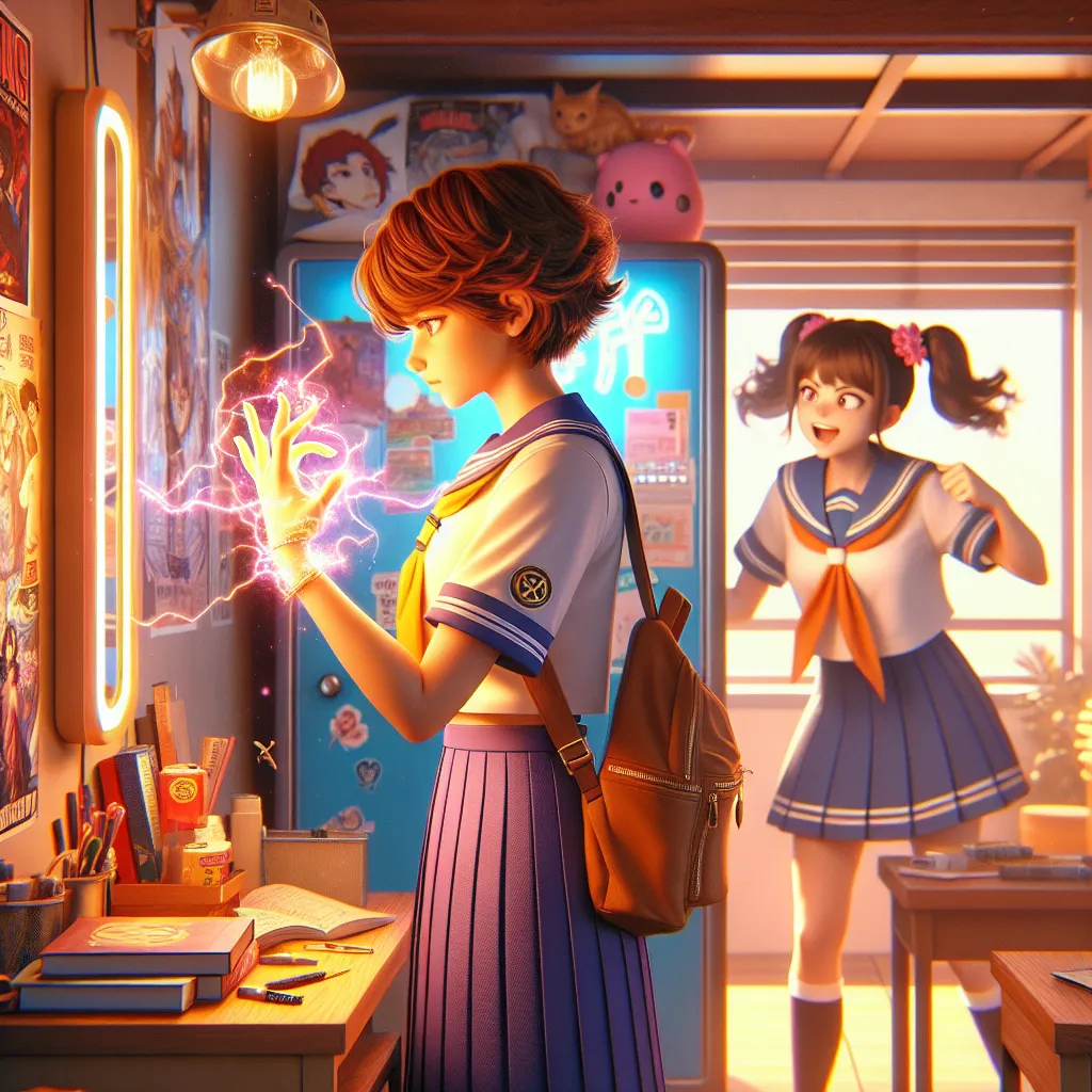 A dynamic scene inside a bright Tokiwadai dorm room: a young woman with chestnut hair styled in a short bob, wearing her school uniform with shorts under her skirt, looks thoughtfully into a mirror, fingers tinged with faint electric sparks hinting at electromagnetic power. Beside her bursts in an energetic girl with twin pigtails, wearing a Judgment armband, expressing affectionate concern. The room features typical schoolgirl decor—posters on walls, a cluttered desk with a vending machine visi