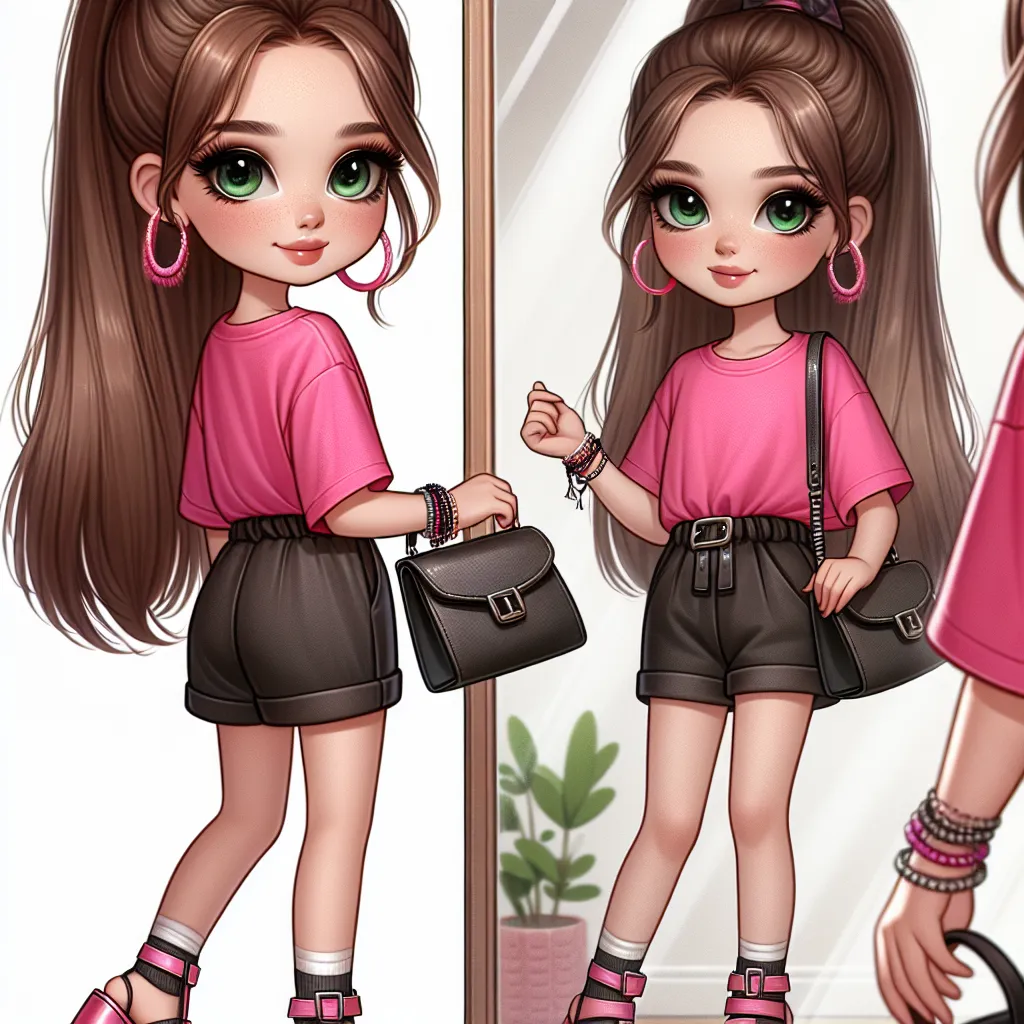 A generated image: A young girl named Lily, with long brown hair and green eyes, wearing a bright pink crop top, tight ripped shorts, and platform sandals, holds a black purse and wears hoop earrings and a beaded bracelet. She looks at her reflection in a mirror, posing with a hand on her hip and pouting her lips.