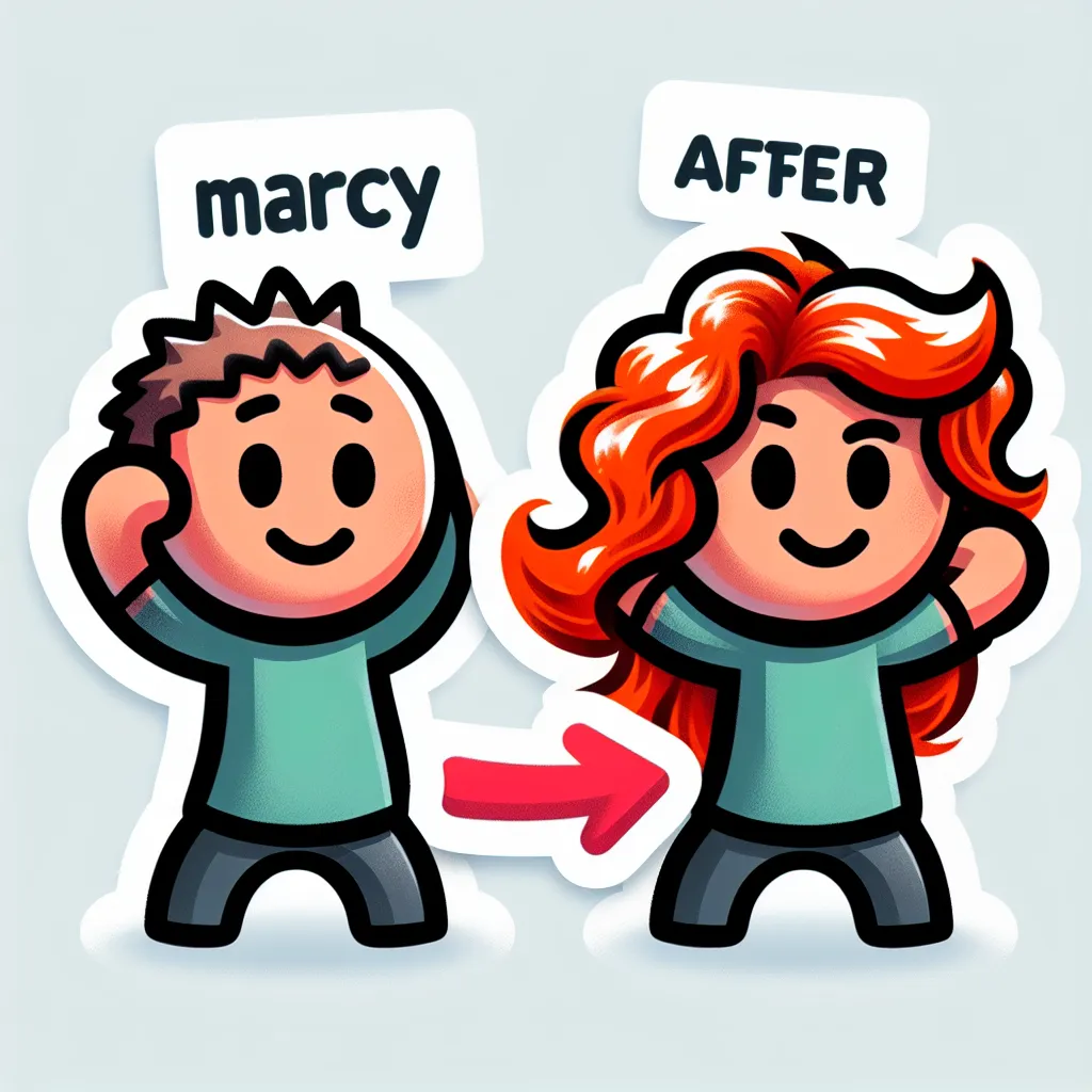 A humorous image depicting a man transformed into a woman through a drug called Femisia. The image shows the transformed individual, now named Marcy, with fiery red hair, flaunting her new feminine features with confidence and playfulness.