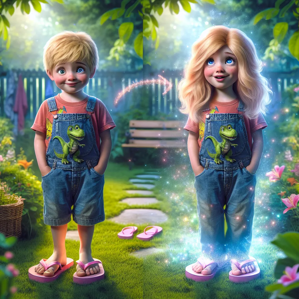 The image accompanying this story depicts a young boy named Oliver in his backyard, wearing a dinosaur T-shirt, denim overalls, and oversized pink flip flops. As he tries on the flip flops, he undergoes a magical transformation into a teenage girl resembling his older sister, complete with honey blond hair, blue eyes, and a pink tank top. The illustration captures Oliver's astonishment and delight as he explores his new form, blending his own memories with those of his sister.