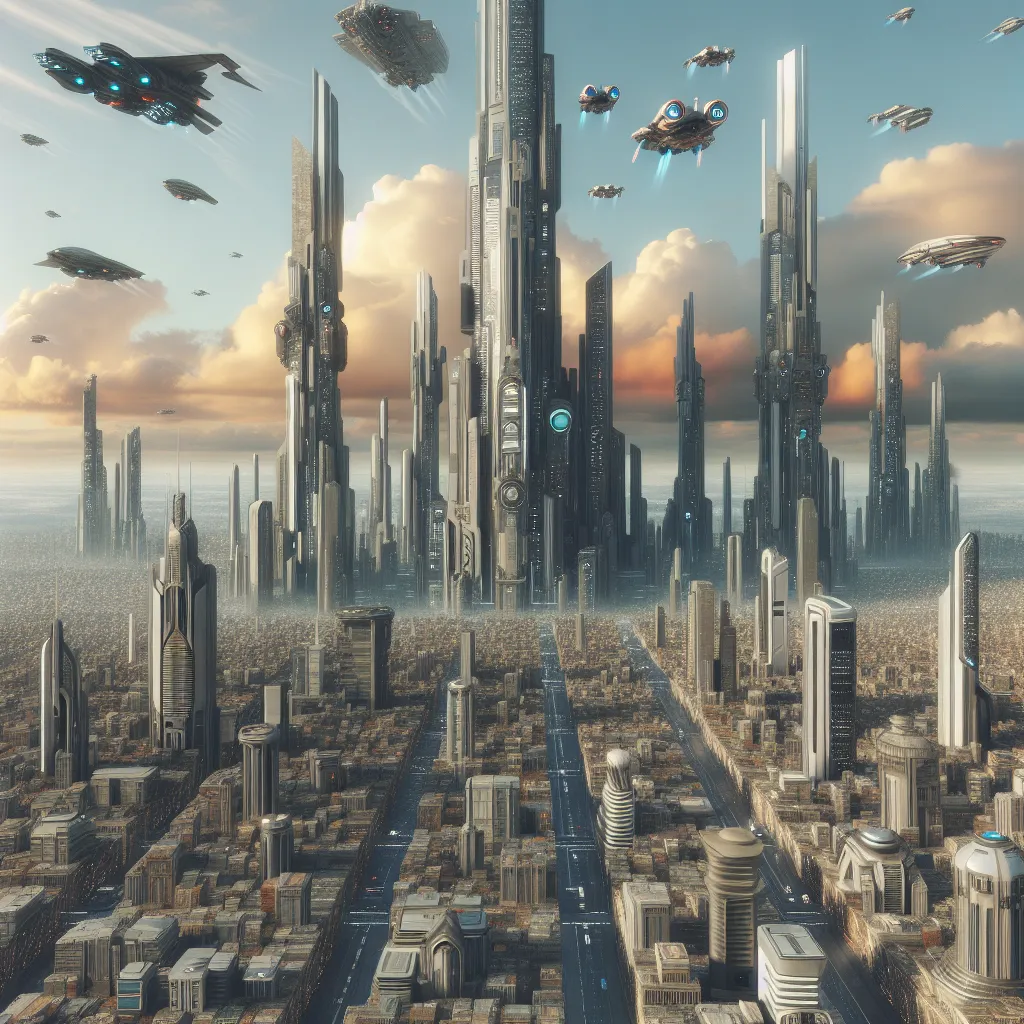 A futuristic cityscape with towering skyscrapers and flying vehicles zooming through the air.