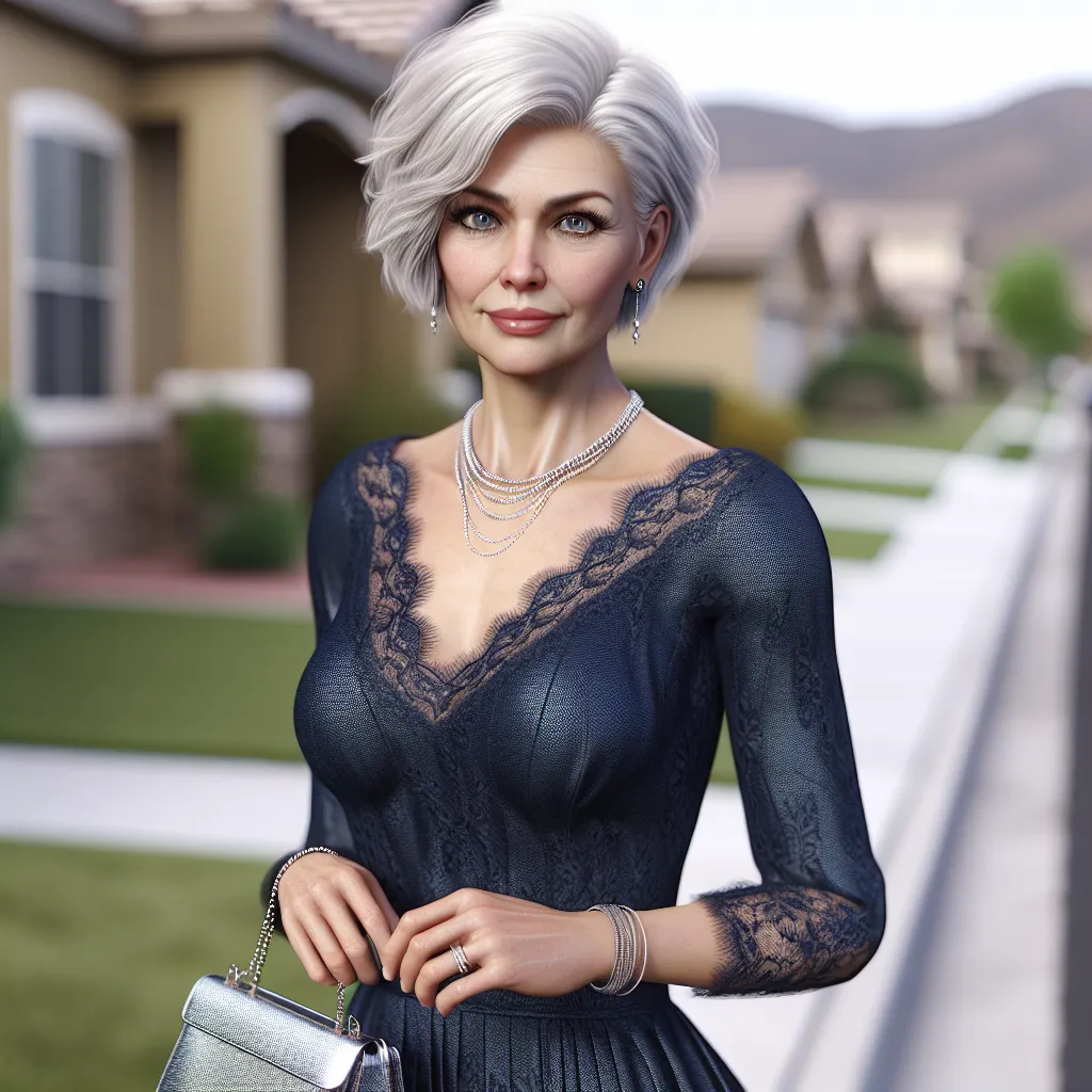 A digitally generated image of a 78-year-old woman named Svetlana Ivanov. She has short platinum blonde hair, striking gray-blue eyes, and is wearing a knee-length navy blue dress with delicate lace detailing. She is standing confidently in a suburban neighborhood, adorned with jewelry and holding a silver purse. The image captures her elegance and maturity as she embraces her new identity.