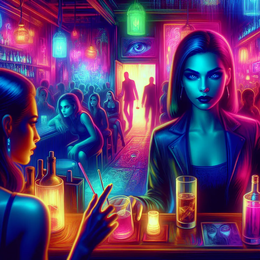 The image accompanying this story is a vibrant and mysterious scene set in a crowded nightclub. The neon lights create a colorful and pulsating atmosphere, casting an otherworldly glow over the figures present. At the forefront, a young woman with deep midnight eyes, Lina, stands behind a bar, her hands skillfully mixing drinks. In the background, a hidden door leads to a concealed space filled with evidence and the ghostly presence of her missing sister, Noemi. A tall, enigmatic man named Caleb