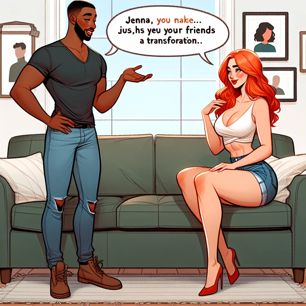 Description: Two friends, one standing and the other seated on a couch, have a heartfelt conversation. The standing friend is in awe of the seated friend's transformation after experiencing "Second Puberty." The seated friend, now a woman named Jenna, looks incredible with luscious red hair and an unmistakable presence. Jenna is wearing casual but well-fitting clothing that accentuates her newfound curves. Their friendship remains unchanged, with both friends finding comfort in their unbreakable