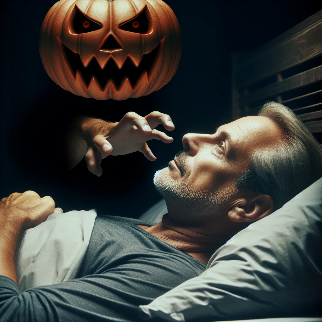 A man lies in bed as a sinister jack-o-lantern possessed by an unknown force levitates above him.