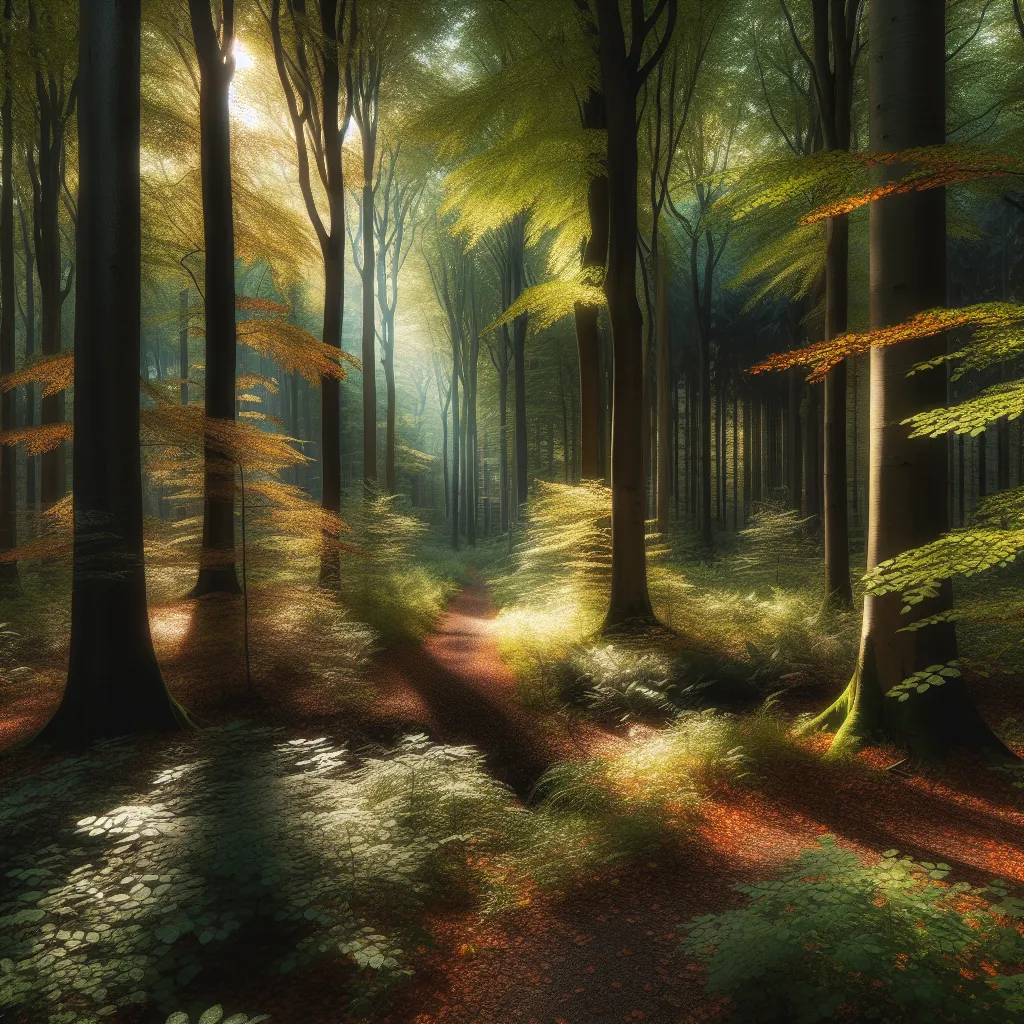 A serene forest scene depicting tall trees with vibrant autumn foliage, dappled sunlight filtering through the canopy, and a winding path leading deeper into the woods.