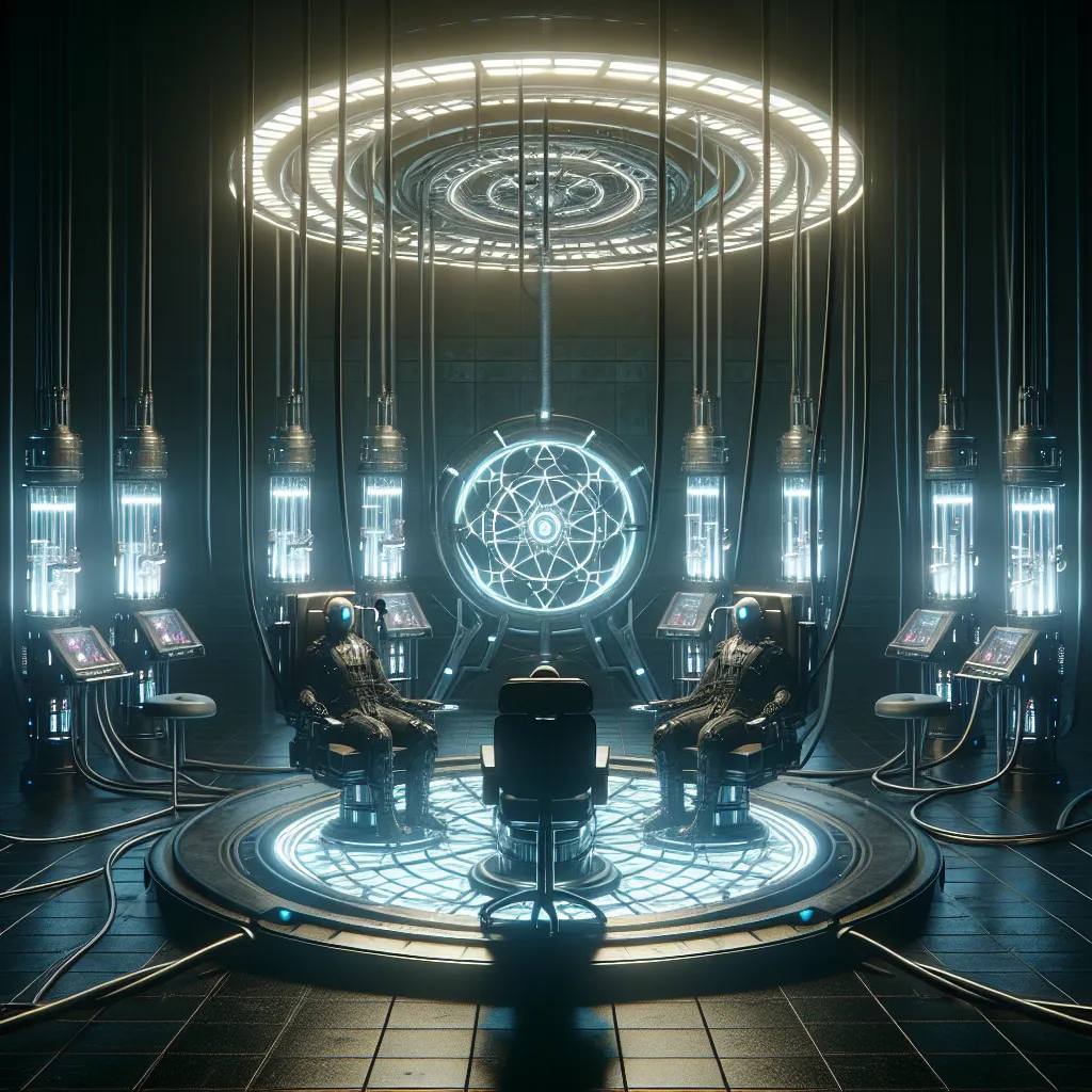 A dim, secretive lab with mysterious machinery is featured in this image. Two medical chairs at the center, surrounded by intricate tubes, needles, and glowing geometric patterns. The image represents the pivotal moment of a twisted plot, where a man named Trevor Maloney harnesses a machine called the Soul Exchanger to swap bodies and souls with Yoshika Miyafuji, a member of the powerful 501st Joint Fighter Wing. The image captures the intensity and anticipation before the swap takes place, high