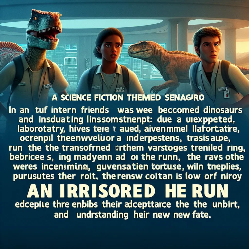 In a science fiction tale of transformation and survival, three intern friends become half-dinosaur hybrids in a lab experiment gone awry. As fugitives, they navigate a world of chases, government pursuit, and self-discovery, embracing their monstrous sides and rewriting their own fate.