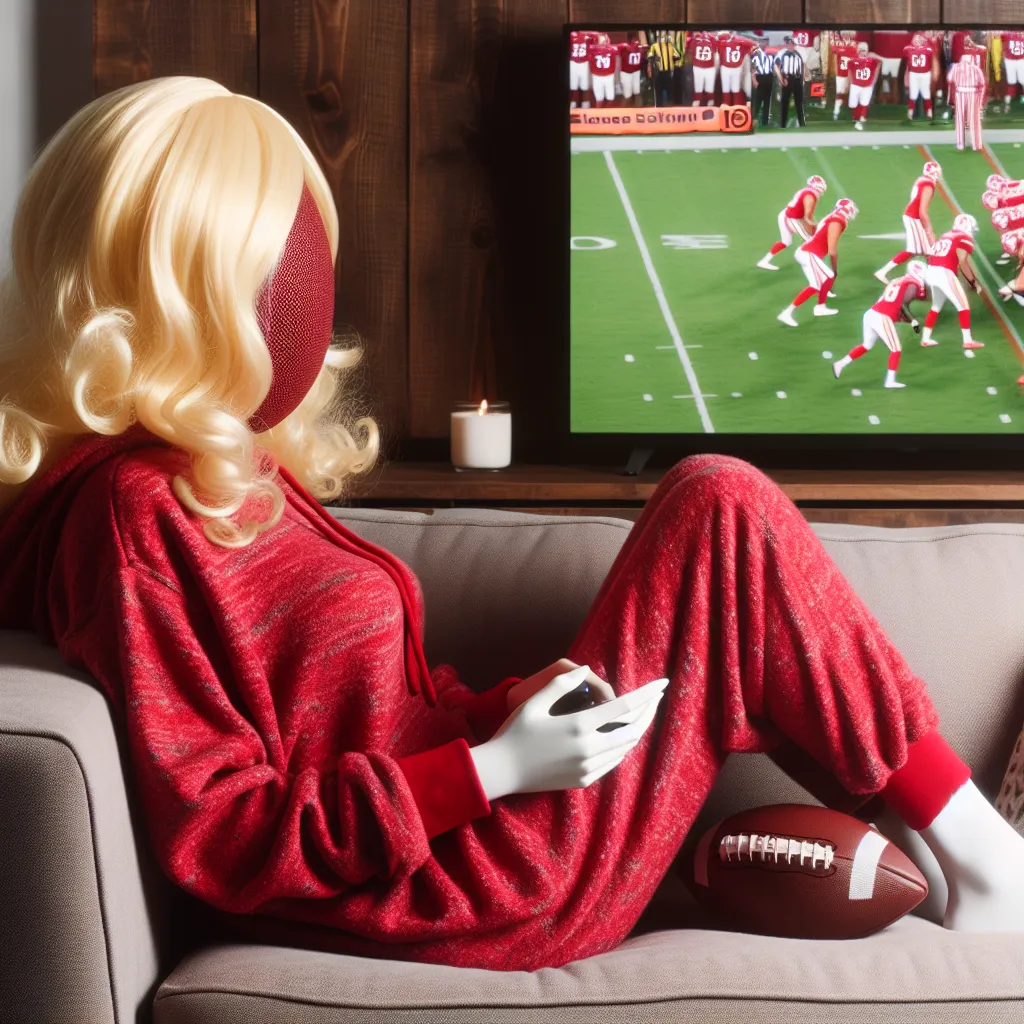 A person transformed into a voluptuous blonde woman in red lingerie sits on a couch, unaware of their transformation as they watch a football game.