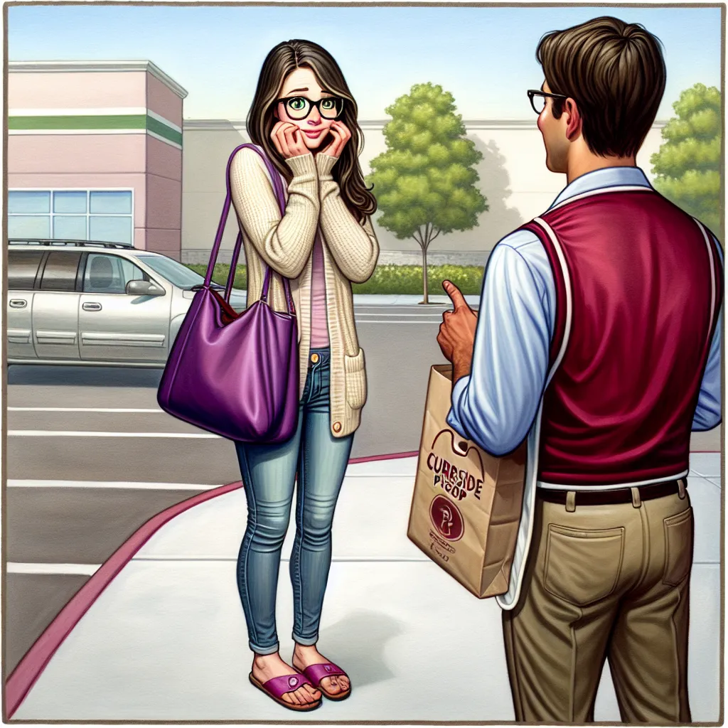 The image will depict a small, nervous woman named Kelsey Anne Rowe, standing awkwardly as a tall male employee hands her groceries at a curbside pickup location in front of a grocery store. Kelsey, with straight, long dark hair, wearing a cream cardigan, high-waisted jeans, and pink sandals, clutches a plum purse over her shoulder while nervously glancing at the employee. Her green eyes, behind thick-rimmed glasses, show a mix of shyness and gratitude as she interacts with him.