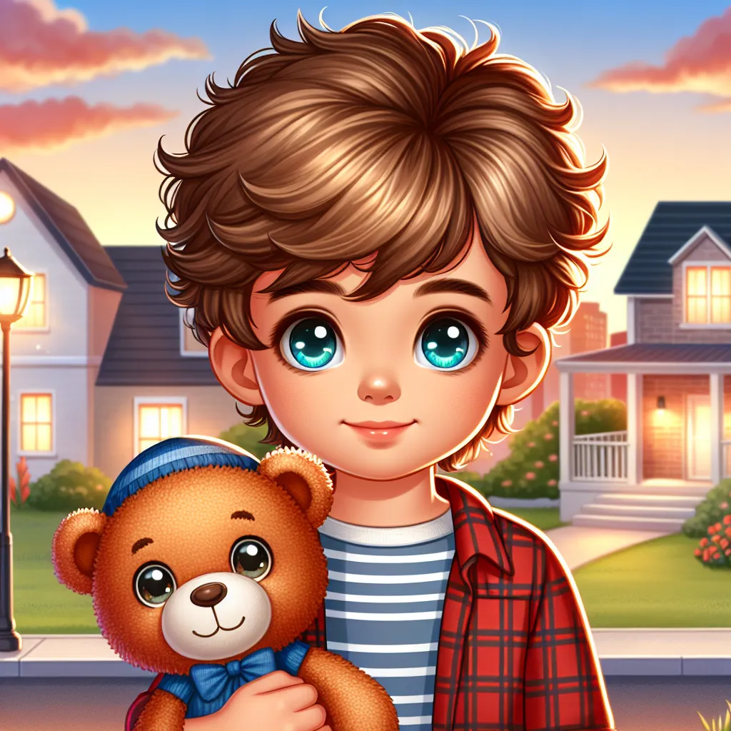 The image accompanying this story would be a digital illustration featuring Liam as a five-year-old boy with brown curly hair and bright blue eyes. He would be depicted standing confidently with his stuffed bear, Mr. Whiskers, clutched in one hand. The background would show the warmly lit houses of Liam's neighborhood against the setting sun.