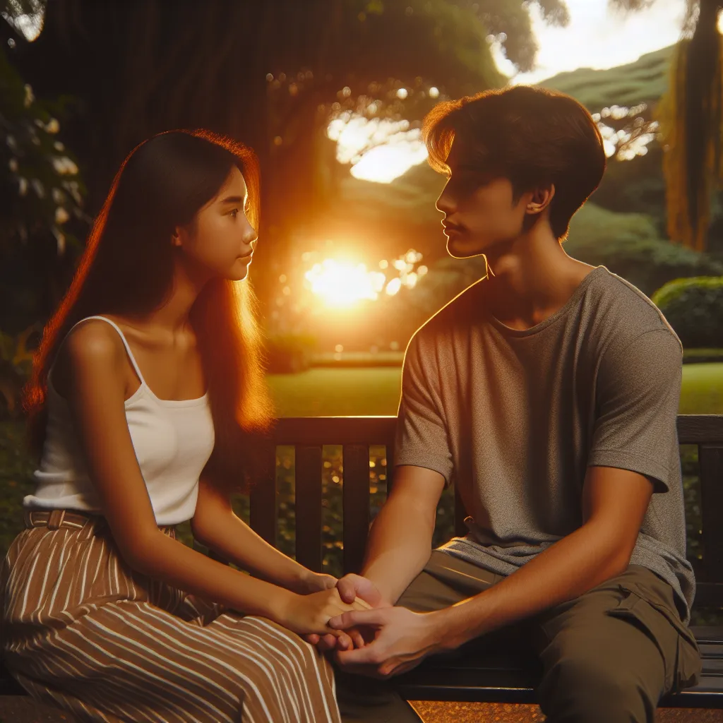 DALLE, please generate an image of a young couple sitting on a bench in a park, holding hands and looking into each other's eyes. The sun is setting, casting a warm, golden light on the scene.