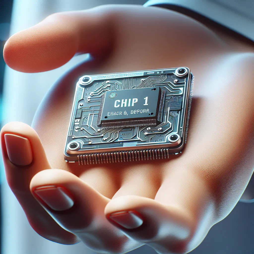 The image accompanying this story could be a close-up of a scientist's hand holding two small microchips labeled "Dan" and "Mark." The chips have a futuristic design and are ready to be attached to someone's body.