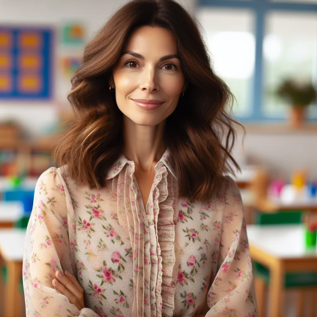 A portrait of Miss Elizabeth Carter, a dedicated and passionate kindergarten teacher, wearing a floral blouse and pastel skirt, exuding warmth and confidence as she stands in her classroom.