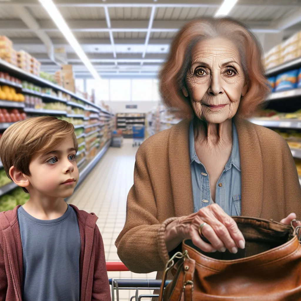 A digital composite image featuring a young boy and an elderly woman surrounded by a grocery store aisle. The boy, Tommy Jenkins, is portrayed as a curious child with sandy blond hair and blue eyes, while the woman, Betty Wilson, is depicted as an older woman with auburn hair and brown eyes. The image captures a moment of interaction between the two characters, with Tommy observing Betty's discreet actions of placing items into her purse.