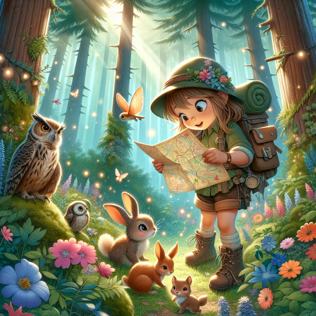 Title: "A Magical Forest Adventure"

Description: A whimsical illustration featuring a young girl and her adorable animal companions in a magical forest. Sunlight filters through the trees, illuminating vibrant flowers and lush foliage. The girl wears a curious expression as she holds a worn-out map, leading her on an exciting journey. Fairy-like creatures flutter around, adding a touch of enchantment to the scene. The image invites viewers to join the characters on a family-friendly adventure f